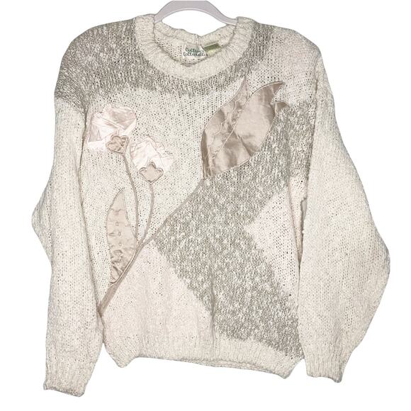 Vintage Colleens Collectables Womens Size L Satin Flower Pullover Sweater - Picture 1 of 5